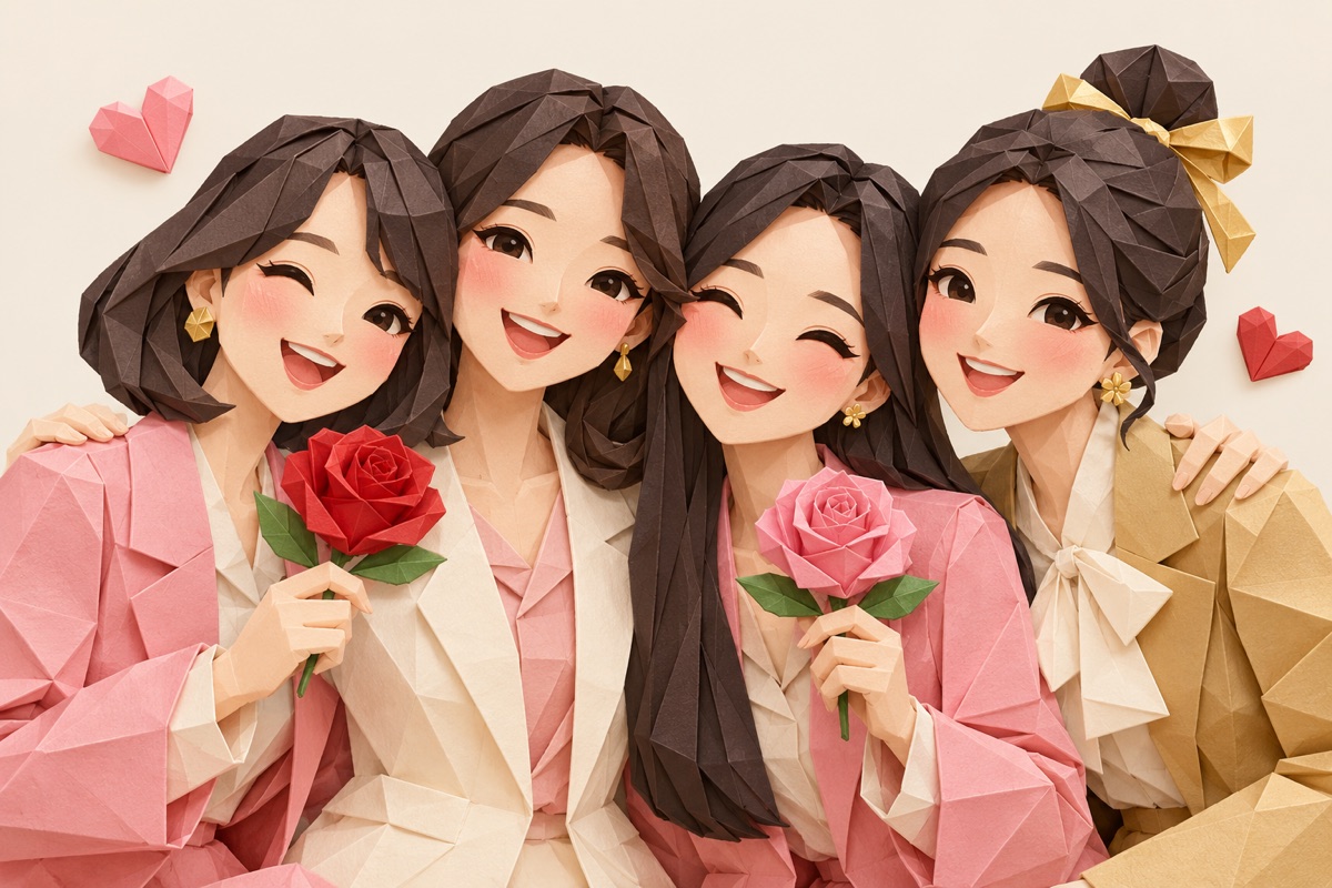 Chụp ảnh 20/10 tập thể hội chị em công ty với hoa hồng, phong cách giấy gấp