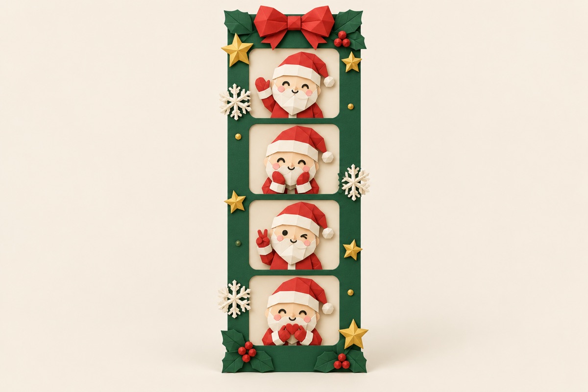 Dải phim chụp ảnh Noel online với khung Giáng sinh cây thông kẹo gậy, phong cách giấy gấp