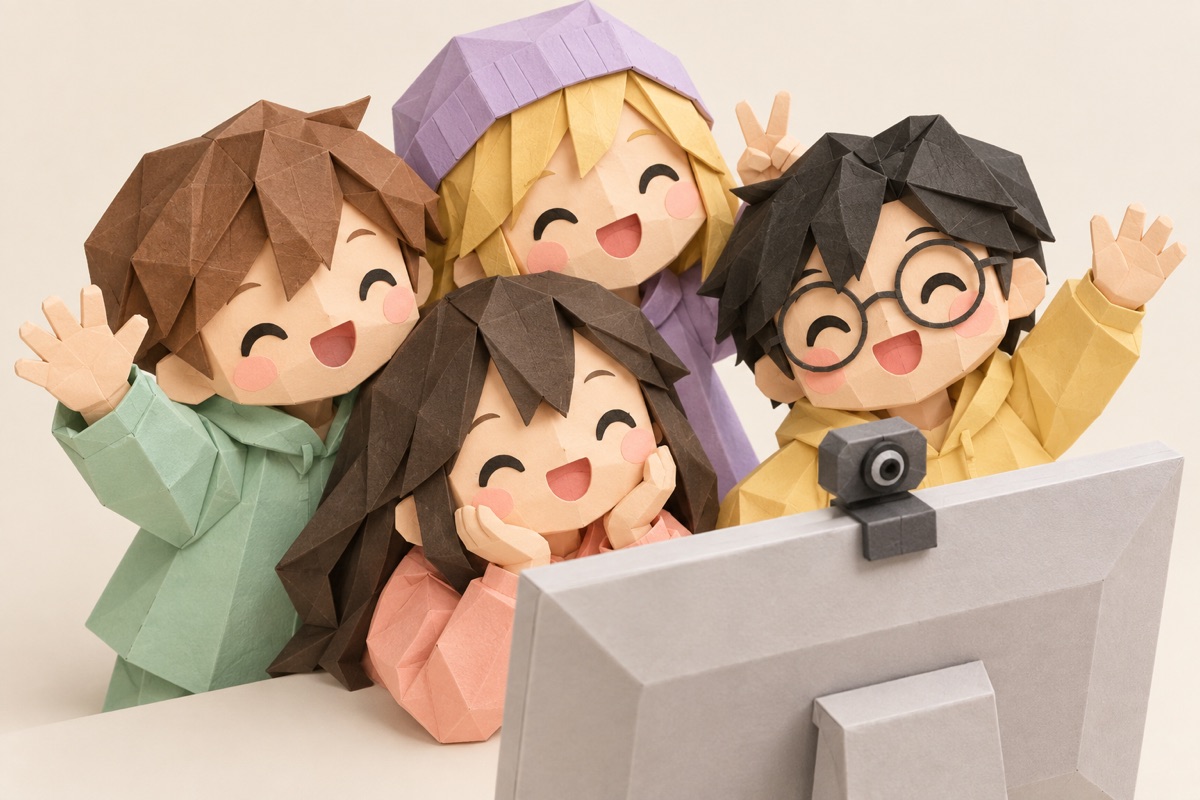Chụp photobooth trên máy tính cho nhóm bốn người trên màn hình lớn
