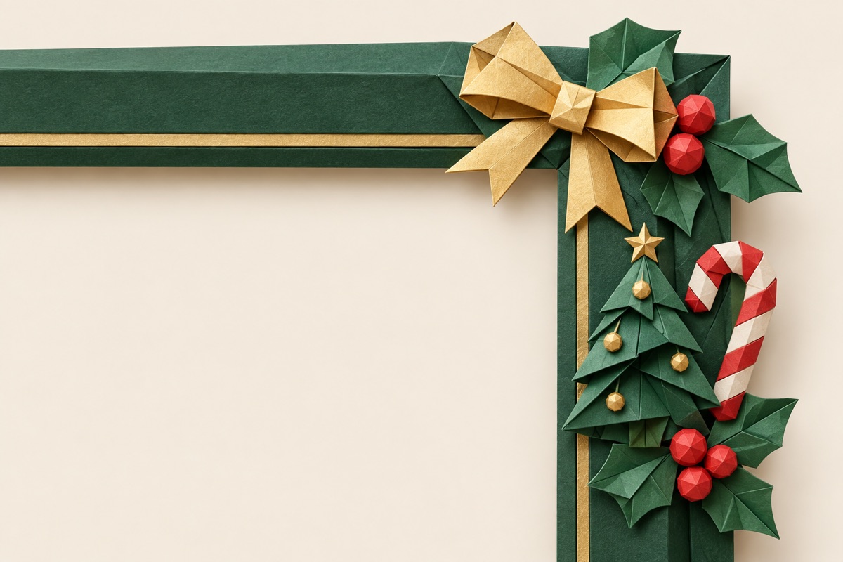 Khung ảnh Noel nền xanh thông viền vàng với cây thông kẹo gậy, phong cách giấy gấp