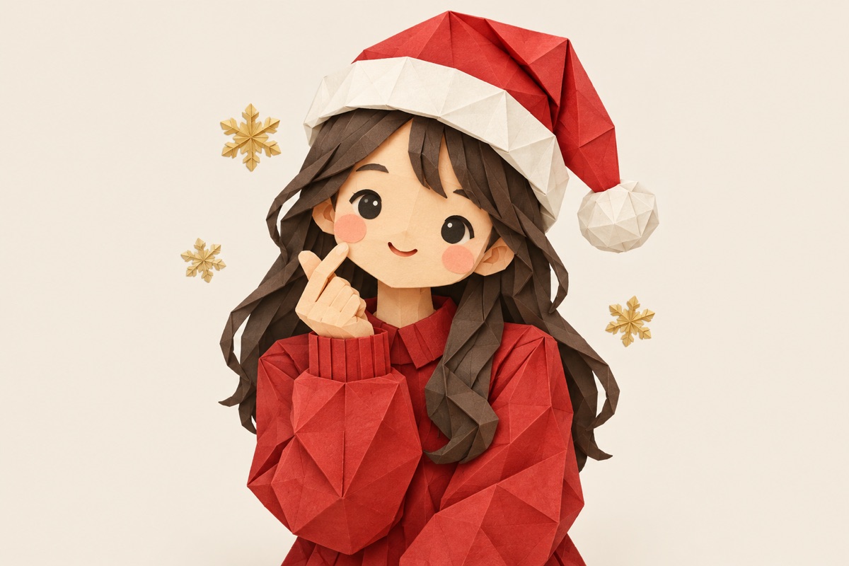Pose chụp ảnh Noel một mình với mũ Noel và cốc ca cao, phong cách giấy gấp