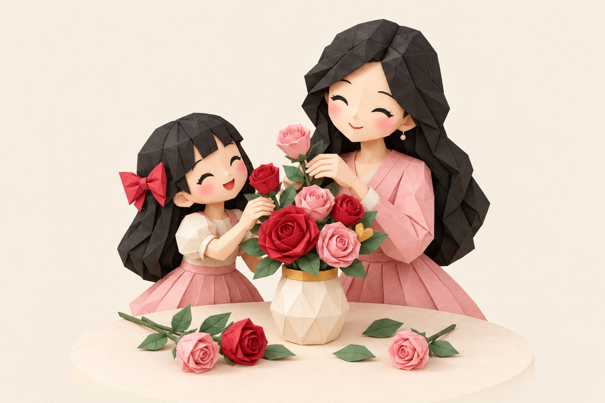 Ý tưởng chụp ảnh 20/10 hai mẹ con với hoa hồng, phong cách giấy gấp