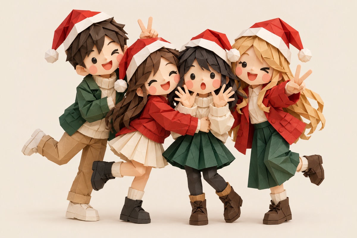 Ý tưởng chụp ảnh Noel nhóm bạn với đèn nháy và mũ Noel, phong cách giấy gấp