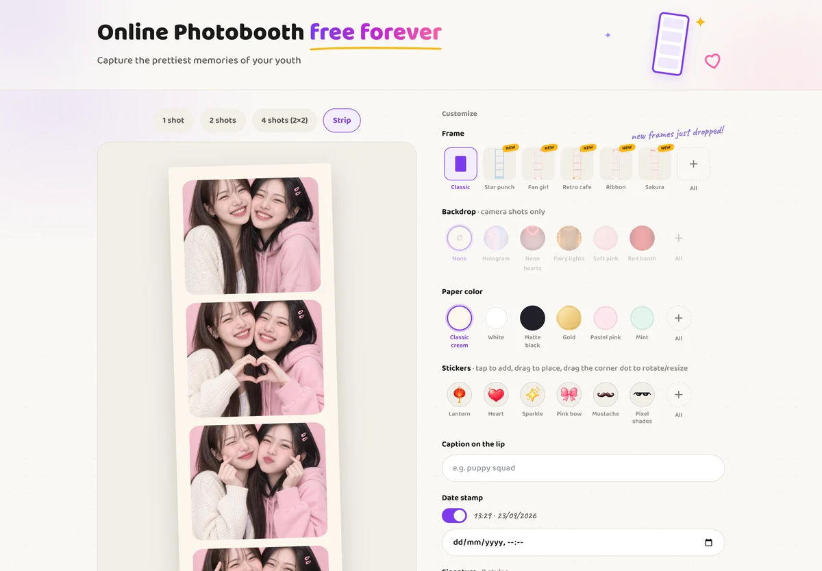 Online photo booth interface with photo strip preview and customize panel