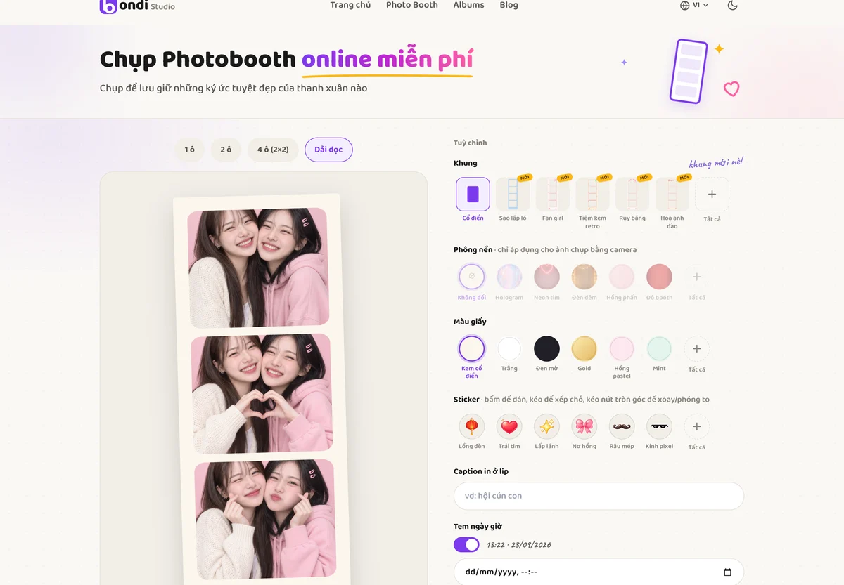 Giao diện photo booth online với dải ảnh và khu tuỳ chỉnh khung giấy sticker
