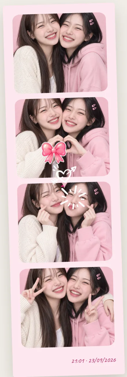 Dải photobooth giấy hồng đã dán sticker nơ tim và toả sáng